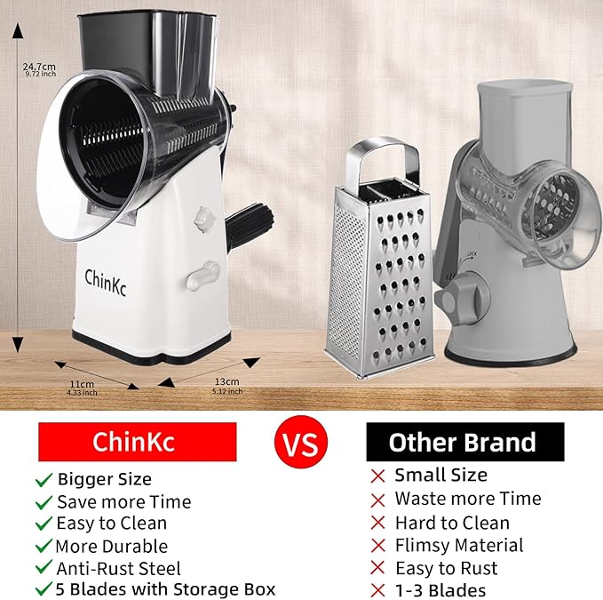 ChinKc Upgrade Rotary Cheese Grater Shredder with Handle, Strong Suction Base, Multi-purpose Rotary Grater Slicer with 5 Interchangeable Blades for Ice, Vegetables, Fruit, Nuts with Blade Storage Box