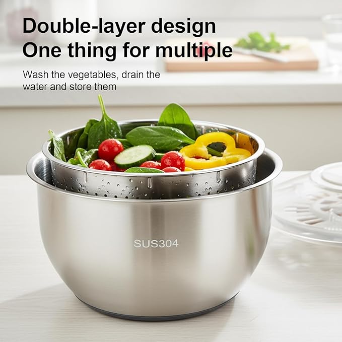 Stainless Steel Salad Spinner, Lettuce Spinner with Drain, fruit washer 6 QT with PP Cover Non-Slip Base, 3-in-1 Vegetable Wash Bowl for Dehydrating Lettuce, Fruits and Vegetables, Pasta