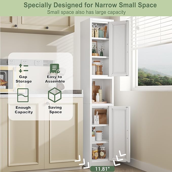 pozdeg 67" Tall Narrow Storage Cabinet Metal Bathroom Cabinet with 2 Doors & 4 Adjustable Shelves, Standing Pantry Cabinets Cupboard for Kitchen, Dining Room, Living Room and Bathroom (White)