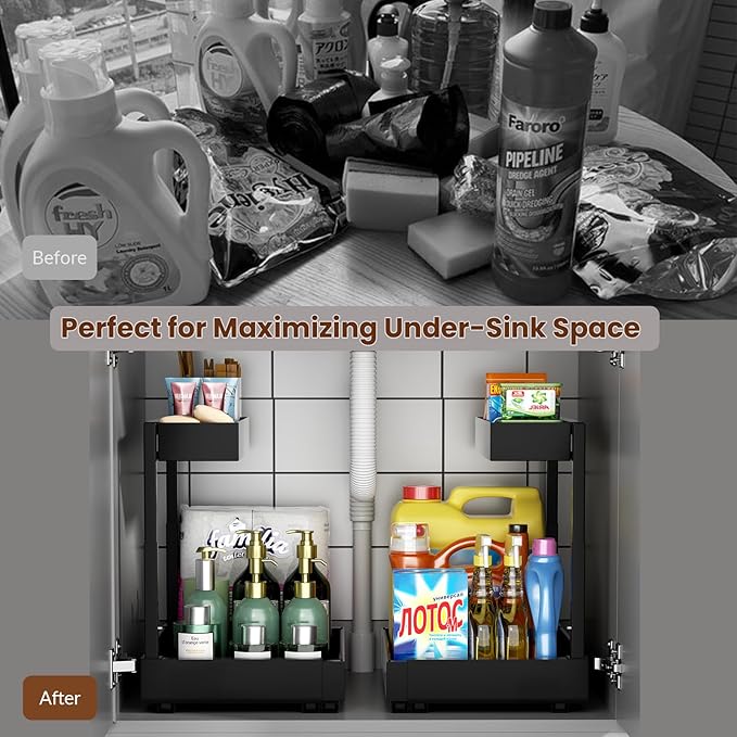 Under Sink Organizer Pull Out, 2 Tier Expandable Under Sink Storage for Kitchen & Bathroom, Adjustable Height (14.4"-18.5") Width (12.2"-20.5"), Heavy Duty 3-Slide Rail System, Black