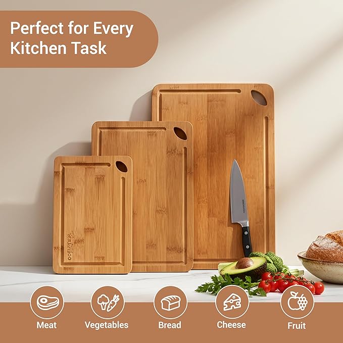 Carbonized Bamboo Cutting Board Gift Set for Kitchen – Set of 3 Wooden Cutting Boards with Deep Juice Grooves, Durable Knife-Safe Chopping Boards for Meat, Vegetables & Bread, Eco-Friendly Board Set