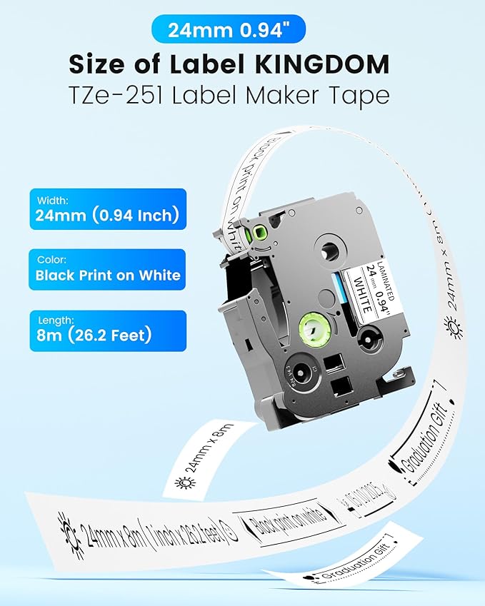 Replacement for Brother Label Maker Tape 24mm 0.94 Laminated White TZ Tape TZe-251 Compatible with Brother PTouch TZ TZe 1" Black on White for PT-D600 PT-D610BT PT-P700 PT-P710BT, 5-Pack TZe-251