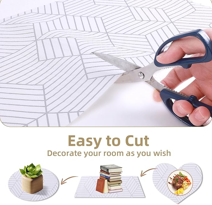 Shelf Liners for Kitchen Cabinets 17in x 20FT, Non Adhesive Cabinet Liner Strong Non-Slip Thickened Silver Geometric Easy to Clean for Shelf, Cabinet, Refrigerator with Knife and Tape Measure