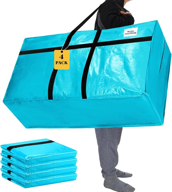 Windyun 4 Pack 57 Gallon Extra Large Moving Bags XXL Heavy Duty Storage Bag with Strong Zipper Handle Jumbo Big Tote Box Foldable for College Dorm Travel Clothes Duffle Blanket Pillow(Lake Blue)