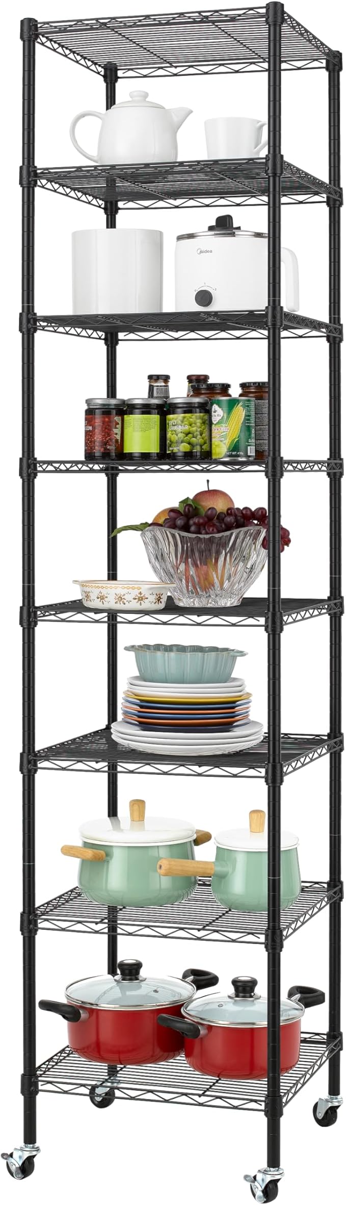 Finnhomy Heavy Duty 8 Tier Wire Shelving with Wheels 18x18x78.7-inches 8 Shelves Metal Storage Rack Thicken Steel Tube, Pantry Shelves for Storage, Adjustable Shelving Unit, NSF Certified, Black