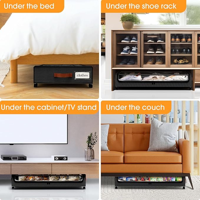 Under Bed Storage with Wheels 1Pack Storage Containers with Clear Window&Label Under Bed Drawers Rolling Under Bed Storage for Clothes,Shoes, Blankets (30.71 x 16.93 x 6.69 in, Black)