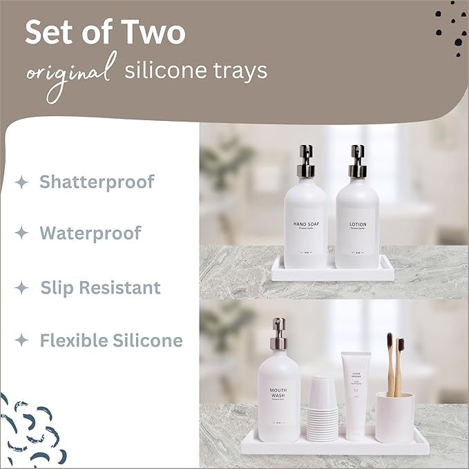 Spacewiser Countertop and Vanity Tray - 2 PC (11” and 7”) Shatterproof Silicone Kitchen and Bathroom Trays for Counter, Kitchen Soap Dispenser Tray, Vanity Trays for Bathroom, Perfume Key Tray