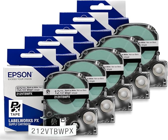 Epson LABELWORKS 212VTBWPX-5PK Tape Cartridge - 5 Pack Black on White Flexible and Durable Vinyl Industrial Label Maker Tape - 1/2" (12MM) Wide, 22.9 ft - 5 Cartridges