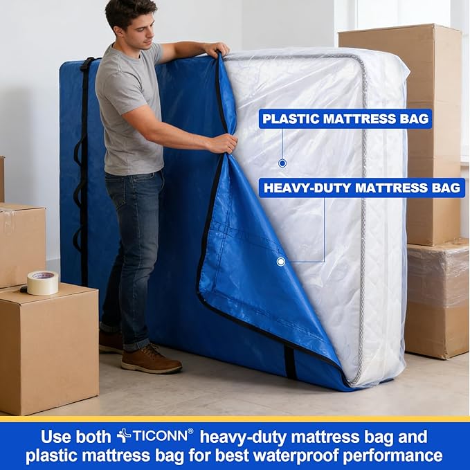 TICONN Mattress Bags for Moving, Heavy Duty Cali King Mattress Cover Storage Bag with Full-Around Handle and Adjustable Buckles (Blue, Cali King)
