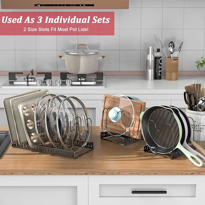 X-cosrack 15 Adjustable Dividers Pot and Pan Organizer Rack, 7" D x 32" W x 7.1" H, 3 in 1, Expandable Lid Bakeware Cupboard Rack Holder for Kitchen Cabinet Pantry Countertop, Black (Patent Pending)