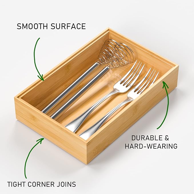 Silverware Tray for Drawer, Stackable Kitchen Bamboo Drawer Organizer 9" x 6" x 2" Set of 2