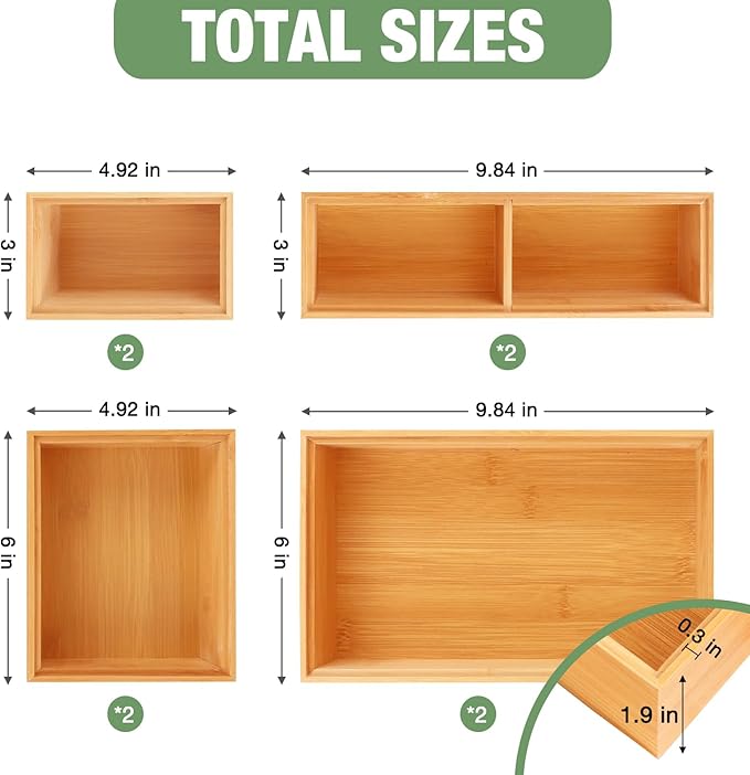 Bxngjuj Bamboo Drawer Organizer Set, 8 PCS Multi-Use Wood Drawer Storage Boxes, Junk Drawer Organizer Divider Bins for Kitchen, Bathroom, Office Desk, Makeup, Jewelry, Utensils
