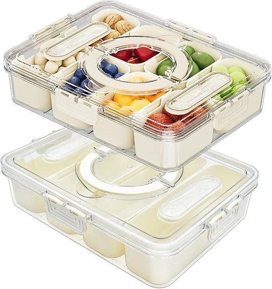 2 Pack Divided ServingTray with lid and Handle, 8 & 4 Compartments Snackle Box with Utensils, Fridge Food Veggie Condiment Storage, Kitchen Clear Food Container for Picnic, Camping, School