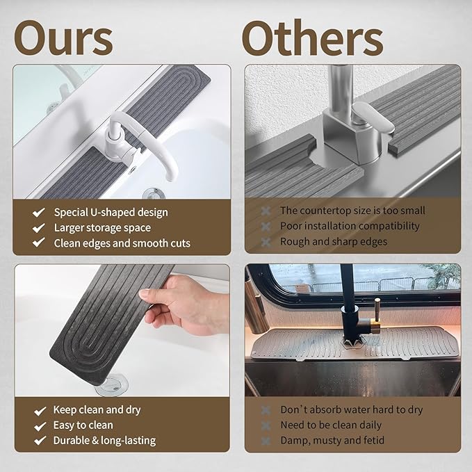 Faucet Mat for Kitchen Sink, Diatomite Stone Drying Sink Protectors, Bathroom Faucet Splash Guard, Quick Dry Water Absorbing, Non-Slip Stone Tray for Kitchen Counter, Grey, 23.6" x 3.9"
