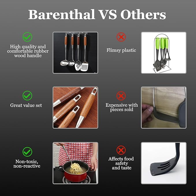 Barenthal Cooking Utensil Set - 304 Stainless Steel Kitchen Utensils Sets with Wood Handle Cookware Set Utensils kitchen tool set Dishwasher Safe- Slotted Spatula, Pasta, Spoon, Soup Ladle Set 4pc