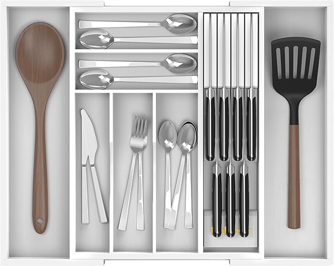 Thalomely Bamboo Kitchen Drawer Organizer, Expandable Silverware Organizer with Removable Knife Block, 6-8 Slots- Utensil Holder & Cutlery Tray Drawer Dividers, 2.36" Deep for Extra Capacity, White