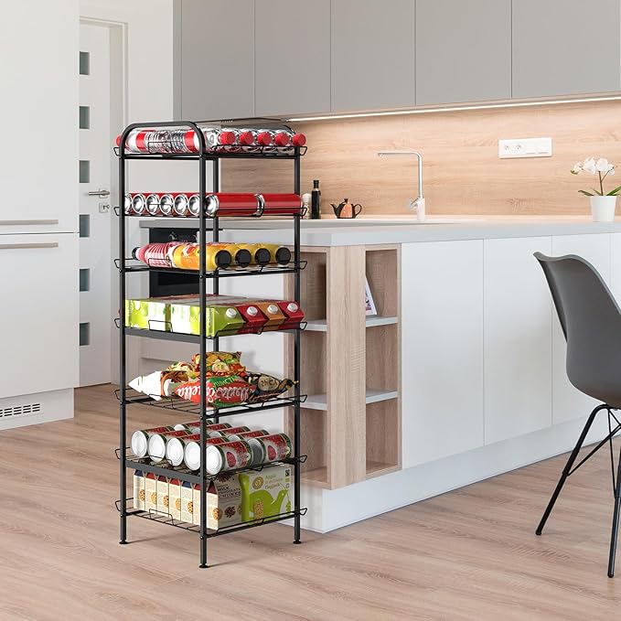 BTY Water Bottle Organizer 7 Tier Freestanding Water Bottle Storage Organizer Metal Bottle Rack Holder Stand Shelf for Kitchen Pantry Food Storage (Black)