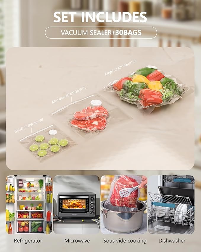 Vacuum Sealer for Food with 30 Reusable Vacuum Bags, 6X Freshness Lock, Cordless Compact Handheld Vacuum Sealer Machine for Kitchen