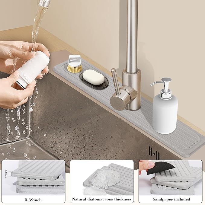 Stone Faucet Mat for Kitchen Sink, 23.6" Diatomite Drying Stone Kitchen Sink Mat Super Absorbent, Stone Kitchen Sink Splash Guard, Sink Stone Quick Dry Around Faucet for Kitchen Bathroom Counter