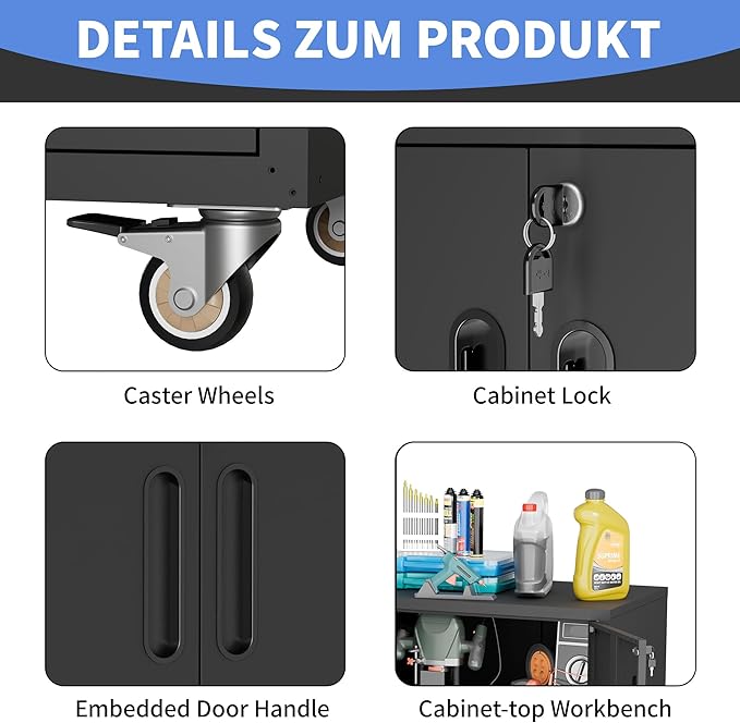 BIZOEIRON Metal Storage Cabinet with Wheels, Mobile Garage Storage Cabinet with 2 Lockable Doors and 1 Drawer, Rolling Tool Cabinet, Assembly Required, Black