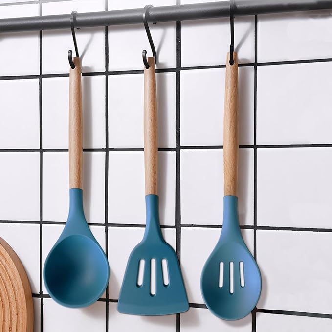 IOCBYHZ Silicone Cooking Utensils Set 6Pcs Heat Resistant Silicone Kitchen Utensils Set for Cooking Spatula Spoon Turner Ladle w Wooden Handle, BPA FREE Kitchen Gadgets for Nonstick Cookware & Baking