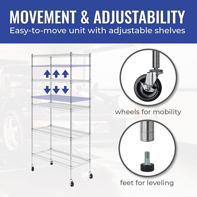 SafeRacks - NSF Certified Storage Shelves, Zinc, Heavy Duty Steel Wire Unit with Wheels and Adjustable Feet, Garage or Bakers Rack, Kitchen, Pantry Shelf - (18"x36"x72" 5-Tier) (Silver)