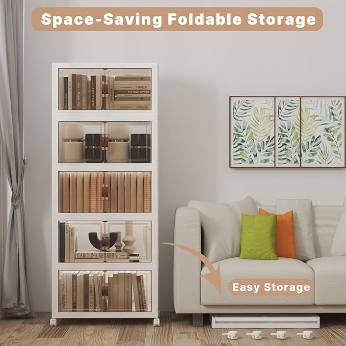 Extra Large Stackable Storage Bins with Lids & Wheels, 275QT-55QT/14GAL*5Pack Foldable Collapsible Closet Organizers Storage Cabinet with Doors for Bedroom Dorm