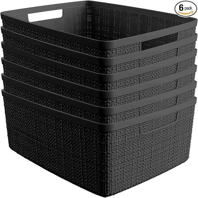 Curver Set of 6 Medium 12L Jute Decorative Plastic Organization and Storage Baskets - Perfect Bins for Home Office, Closet Shelves, Kitchen Pantry and All Bedroom Essentials, Black