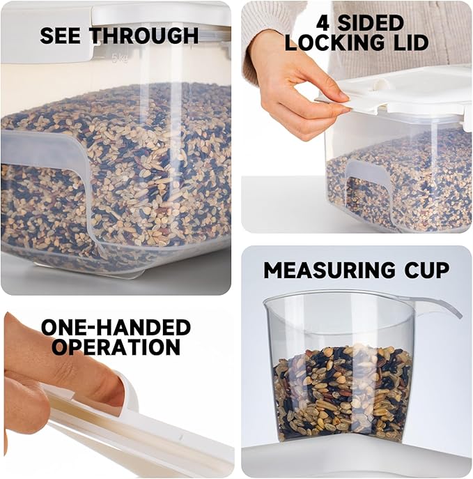 LivLab Mker Rice Storage Container 20 lbs - 15 lbs Airtight Flour Dispenser with Lids & wheel, BPA Free, kitchen organizers for Pet/Cat/Dog Food Storage Container (10 lbs), White