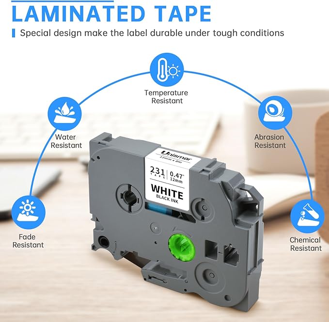 Unismar Tze 12mm 0.47 Laminated White Tape Compatible for Brother Tze Label Maker Tape Tze-231 Work for Ptouch PT-D220 PTD210 PTH110 PTH100 PTD600 PTD200, Black on White 1/2'' x 26.2', 8 Pack