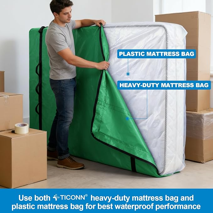 TICONN Mattress Bags for Moving, Heavy Duty Queen Mattress Cover Storage Bag with Full-Around Handle and Adjustable Buckles (Green, Queen)