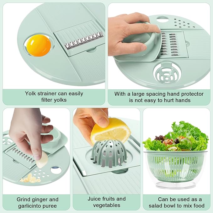 Multi-Use Large Salad Spinner, 5.3 Qt Vegetables Fruits Wash Spinner Bowl,Lettuce Dryer with 5 Blades,Egg Yolk Strainer Slicer Shredder, Salad Bowl for Efficient Preparation-Green