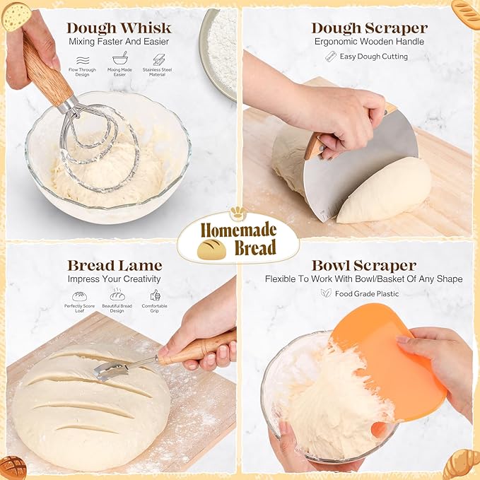 Sourdough Starter Kit, Sourdough Bread Baking Supplies, Sour Dough Starter Kits, Woven Bread Proofing Basket, Sourdough Kit Jar Sour Dough Bread Making Tools Kit Accessories, Gifts for Women Mom Wife