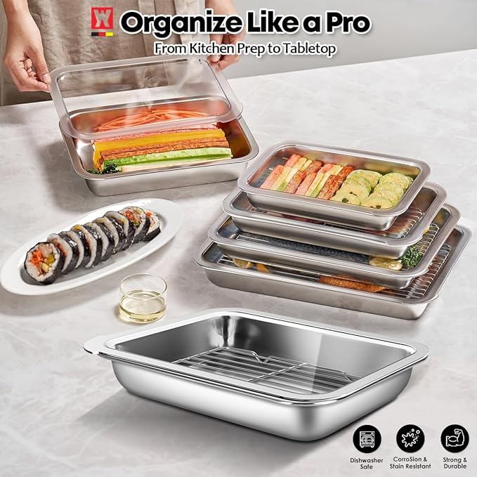 Stainless Steel Food Prep Container Set with Rack & Transparent Lid, Casserole, Bake Pan, Buffet Party Pans, Hotel Pan, For Oven Roasting/For Deep Frying Prep/Marination(No.4)