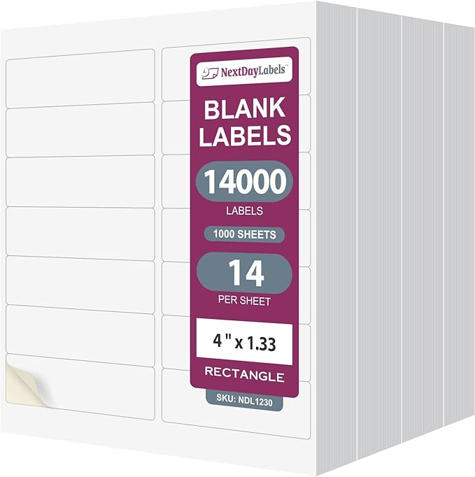NextDayLabels 4x1.33 Inch Rectangle Stickers White Blank Labels for Laser Inkjet Printer - 14 Per Sheet Self-Adhesive Address Mailing Barcode Made in USA - 14,000 Labels