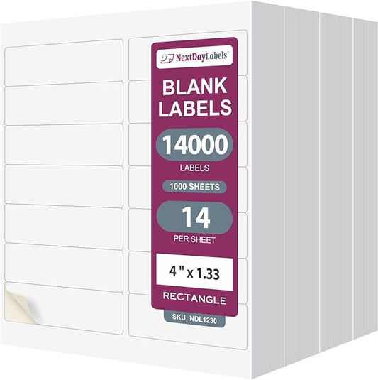 NextDayLabels 4x1.33 Inch Rectangle Stickers White Blank Labels for Laser Inkjet Printer - 14 Per Sheet Self-Adhesive Address Mailing Barcode Made in USA - 14,000 Labels