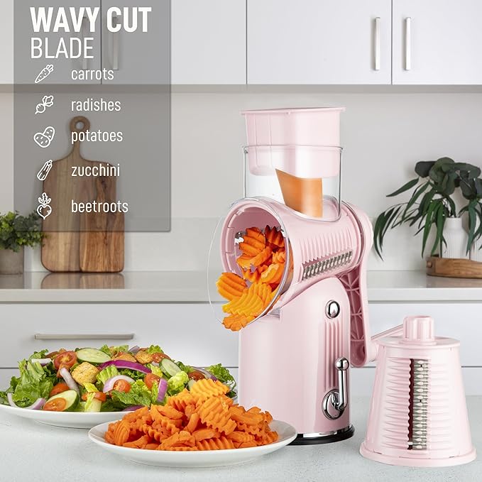Zulay Kitchen Rotary Cheese Grater 5 Blade Cheese Shredder - Manual Hand Crank Cheese Grater With Reinforced Suction & 5 Interchangeable Drums - Easy to Use, Vegetable Chopper Round Mandoline Slicer