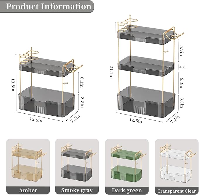Akinbas 2 Tier Bathroom Organizer Countertop Makeup Perfume Tray Skincare Organizer Comes with Hair Dryer Rack and Toothbrush Holder for Bathroom Dresser Vanity (Grey)
