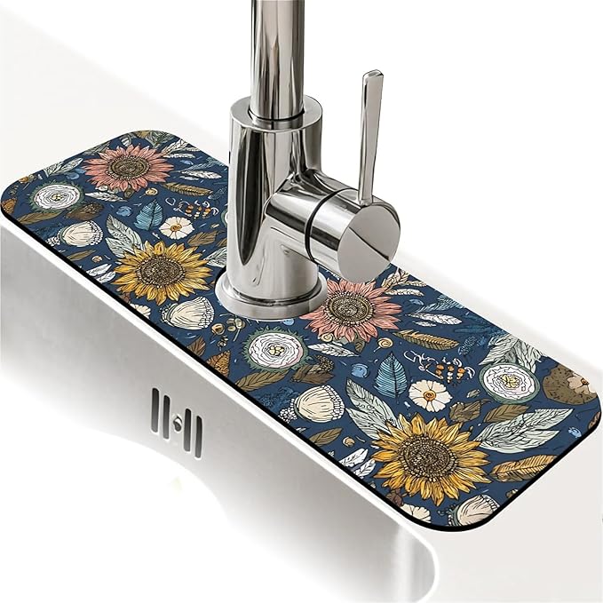 Kitchen Sink Splash Guard，bohemian flowers and leaves Faucet Mat Sink Gadgets-Super Absorbent Fast Drying Mat Drip Catcher for Kitchen, Bathroom,Sink Mat, Dish Drying Mat, Bathroom(15" X 5.5" )