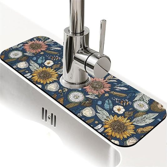 Kitchen Sink Splash Guard，bohemian flowers and leaves Faucet Mat Sink Gadgets-Super Absorbent Fast Drying Mat Drip Catcher for Kitchen, Bathroom,Sink Mat, Dish Drying Mat, Bathroom(15" X 5.5" )
