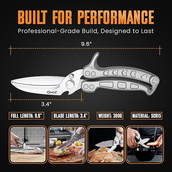 Poultry Shears Heavy Duty Professional, Turkey Shears for Chicken & Bone Cutting, Meat Cutting Scissors, Spring-Loaded Multi-purpose Kitchen Scissors, Dishwasher Safe, Non-Slip Handle, Silver