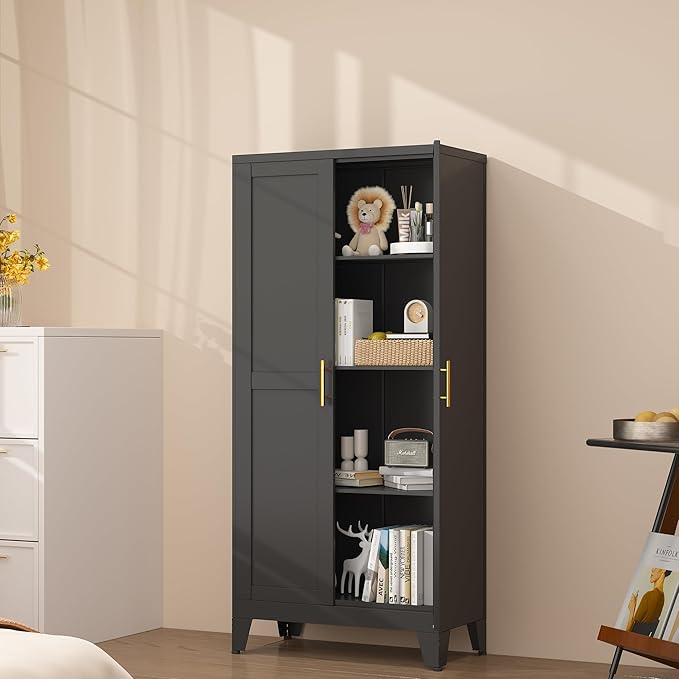 Metal Pantry Storage Cabinet, Kitchen Storage Cabinets with Adjustable Feet and Shelves, Pantry Cabinet for Kitchen, Living Room, Laundry Room and Dinning Room