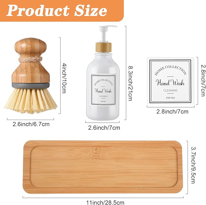4 Pieces Kitchen Soap Dispenser Set 16 oz Dish Soap Dispenser with Bamboo Pump Soap Tray and Dish Brush Bathroom Soap Dispenser Set with Waterproof Labels for Hand Soap Dish Lotion (White)