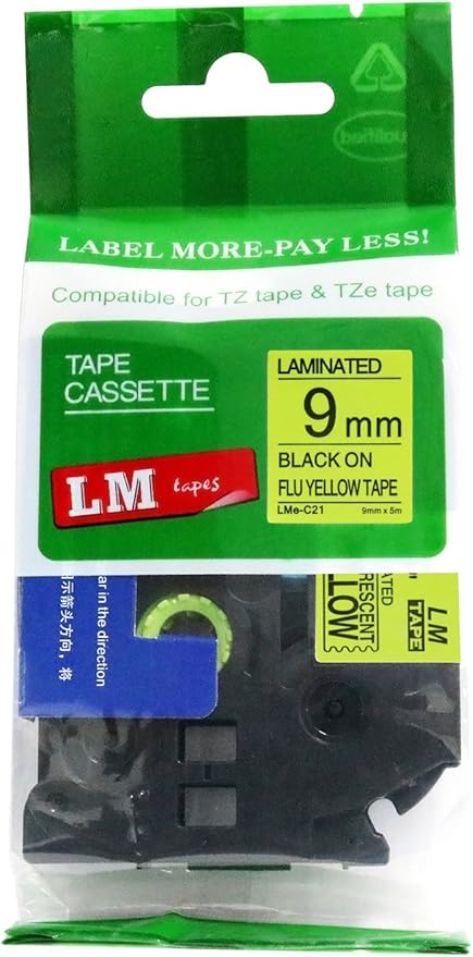 1/Pack LM Tapes - LMeC21 Premium 3/8" Black Print on Bright Yellow Label Compatible with P-Touch TZe-C21 Tape and Includes Tape Color/Size Guide. Replaces TZ-C21 9mm 0.35 Laminated.