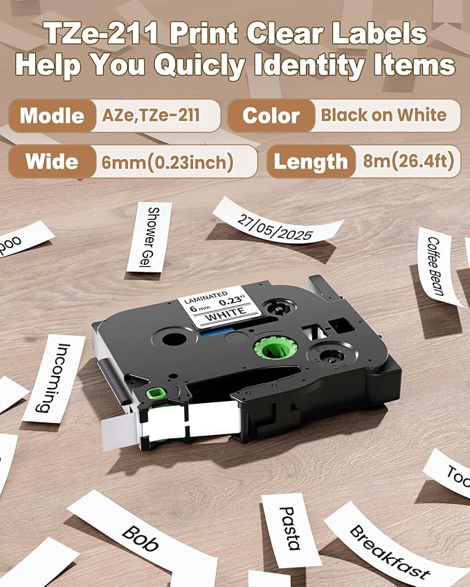 MarkDomain 6mm Label Tape Replacement TZe-211 Brother P-Touch Label Maker Tape 6mm 0.23" Laminated White Compatible with Brother Ptouch PTH110 PT-D200 PT-D210, 5-Pack