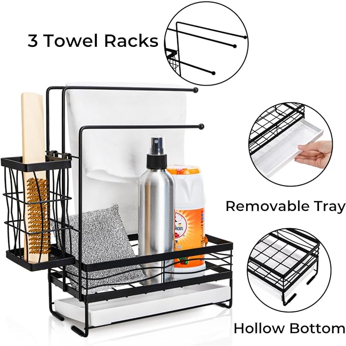 Kitchen Sink Caddy with 3 Dishcloth Drying Racks, Sponge Holder Rag Stand with Drain Pan, Metal Sink Storage Organizer with Removal Basket for Brush, Towel, Scrubber, Dish Rag, Black