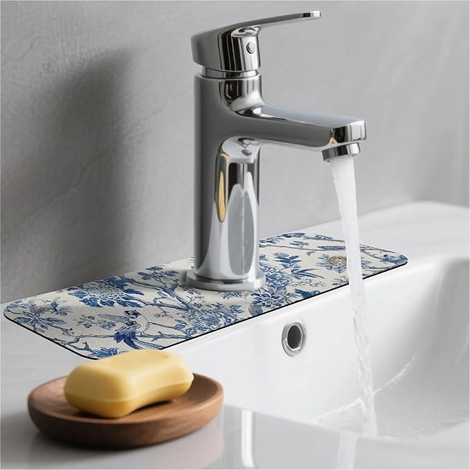 Kitchen Sink Splash Guard，Blue flowers and birds Faucet Mat Sink Gadgets-Super Absorbent Fast Drying Mat Drip Catcher for Kitchen, Bathroom,Sink Mat, Dish Drying Mat, Bathroom(15" X 5.5" )