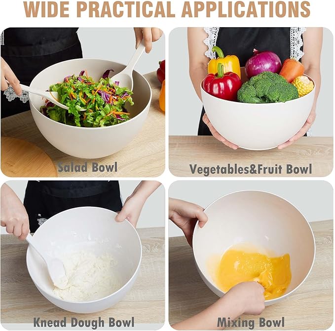 ECOHAGOU 12.6" Extra Large Salad Serving Bowl Set with Wooden Lid&Utensils, 8.4Qt. Bamboo Fiber Salad Bowl with Servers for Kitchen, Lightweight Big Bowl White for Mixing Salad,Fruit,Pasta
