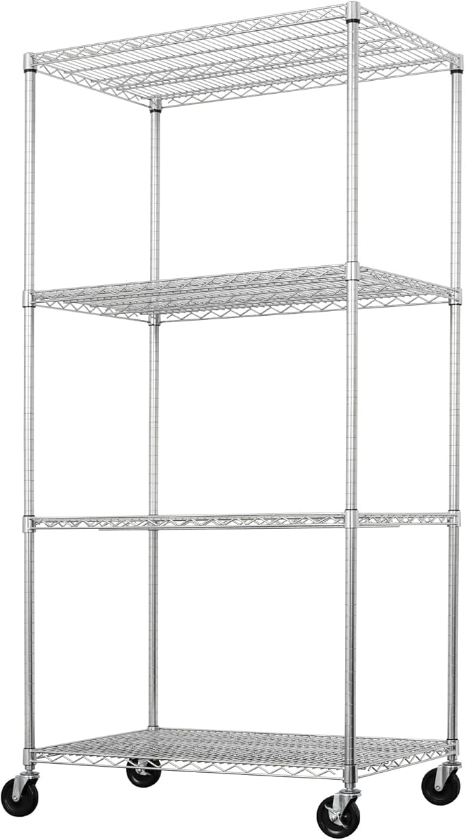 SafeRacks - NSF Certified Storage Shelves, Zinc, Heavy Duty Steel Wire Unit with Wheels and Adjustable Feet, Garage or Bakers Rack, Kitchen, Pantry Shelf - (36"x24"x72" 4-Tier) (Silver)