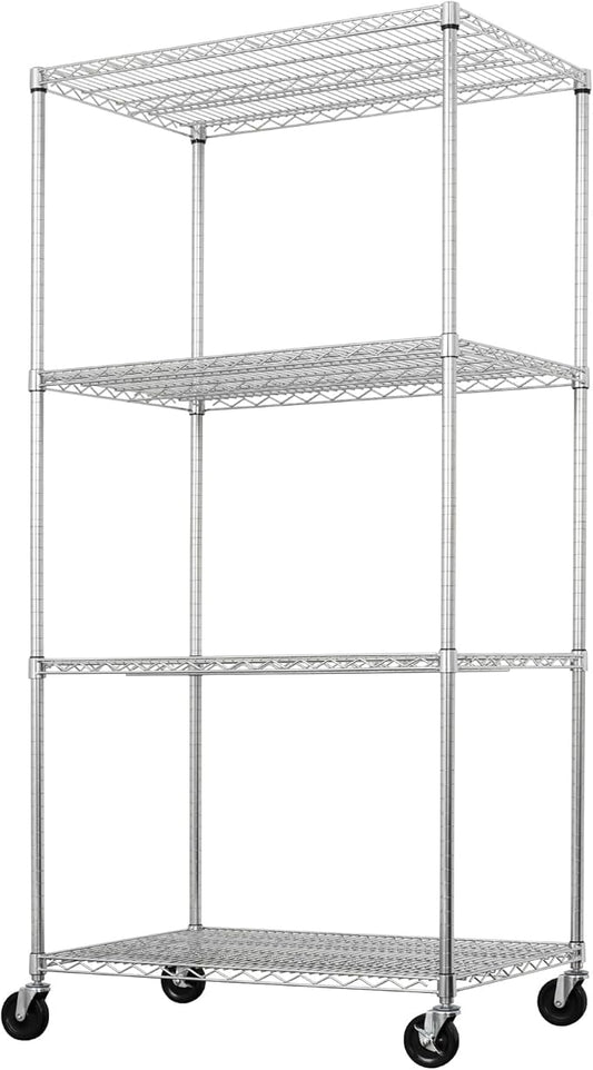SafeRacks - NSF Certified Storage Shelves, Zinc, Heavy Duty Steel Wire Unit with Wheels and Adjustable Feet, Garage or Bakers Rack, Kitchen, Pantry Shelf - (36"x24"x72" 4-Tier) (Silver)